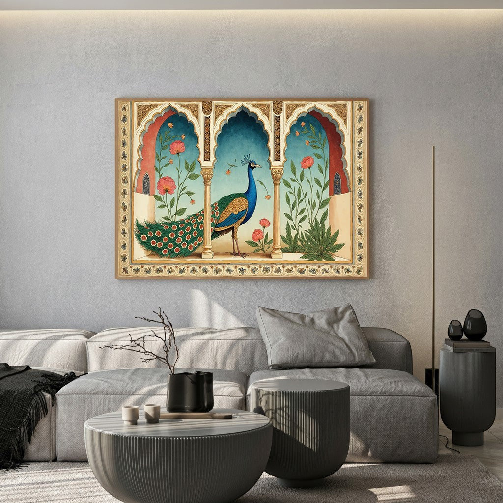Wadi Home traditional Indian peacock wall art print featuring a majestic bird in an ornate Mughal-style archway.