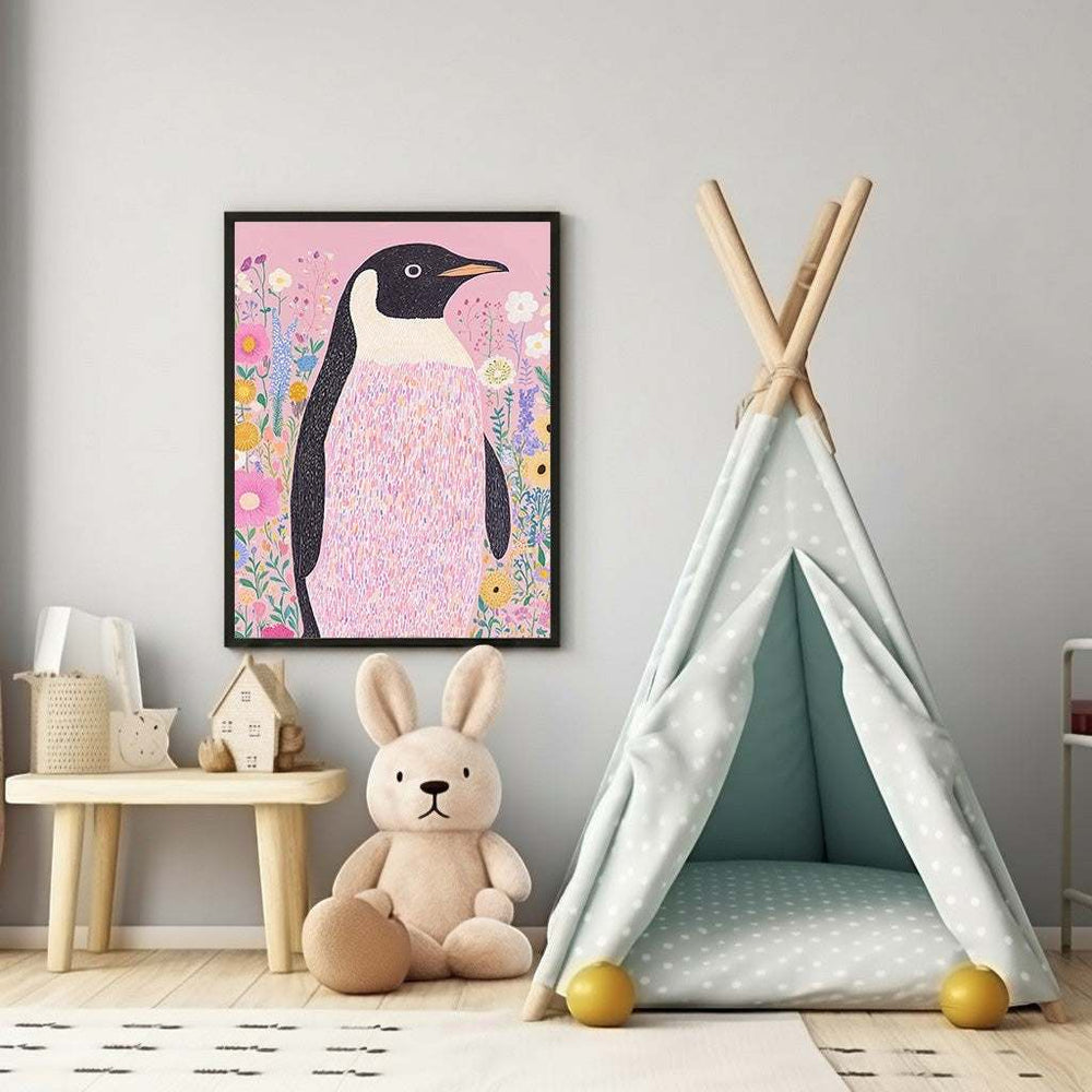 Wadi Home whimsical penguin art print with pink background and colorful flowers, perfect for nursery decor.