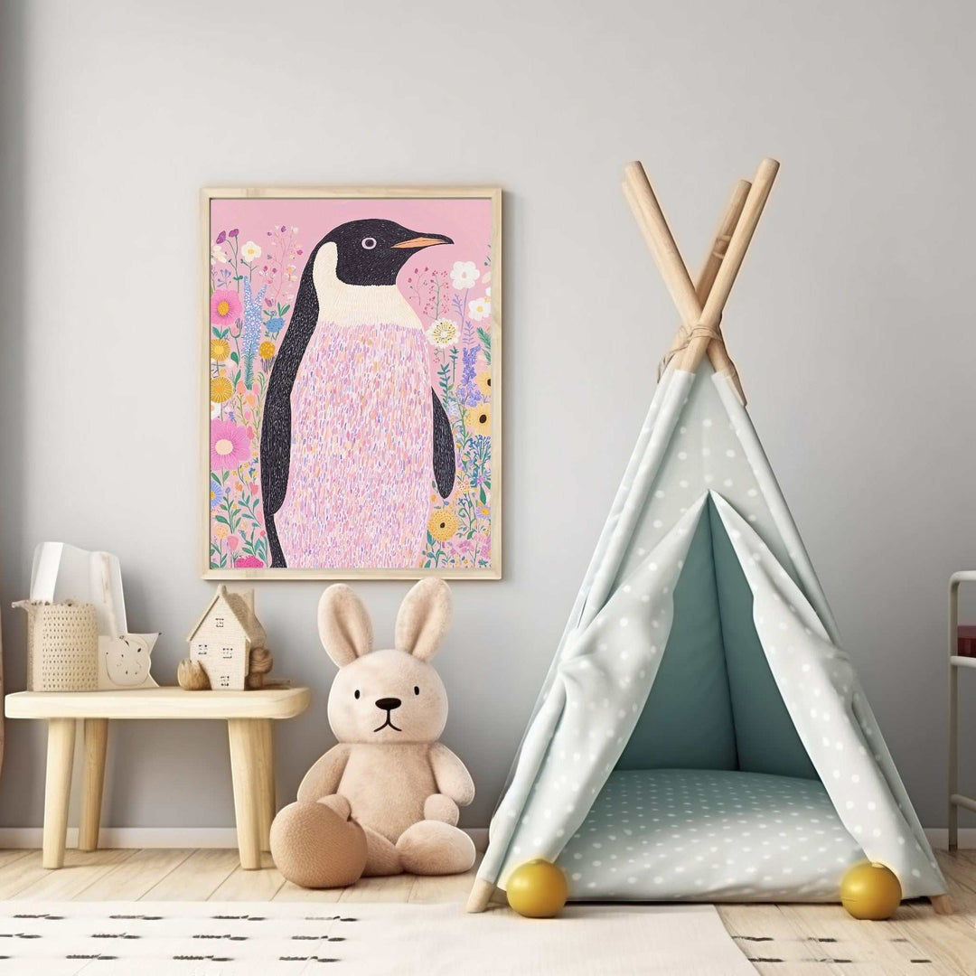 Wadi Home whimsical penguin art print with pink textured body surrounded by colorful flowers on a soft pink background.