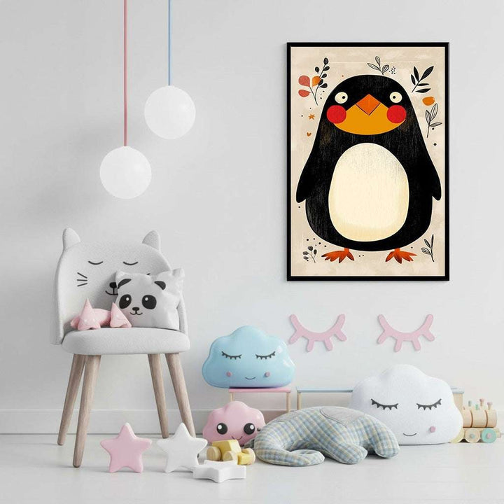 Wadi Home whimsical penguin nursery art with rosy cheeks and orange beak, framed with MDF and glass.