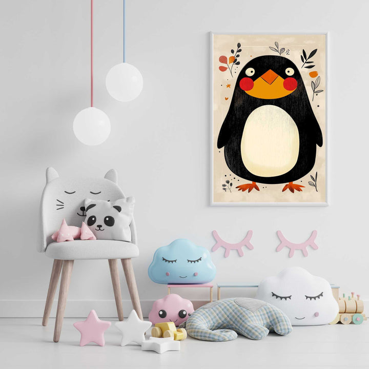 Wadi Home framed nursery art print of a whimsical black penguin with rosy cheeks and orange beak, surrounded by floral accents.