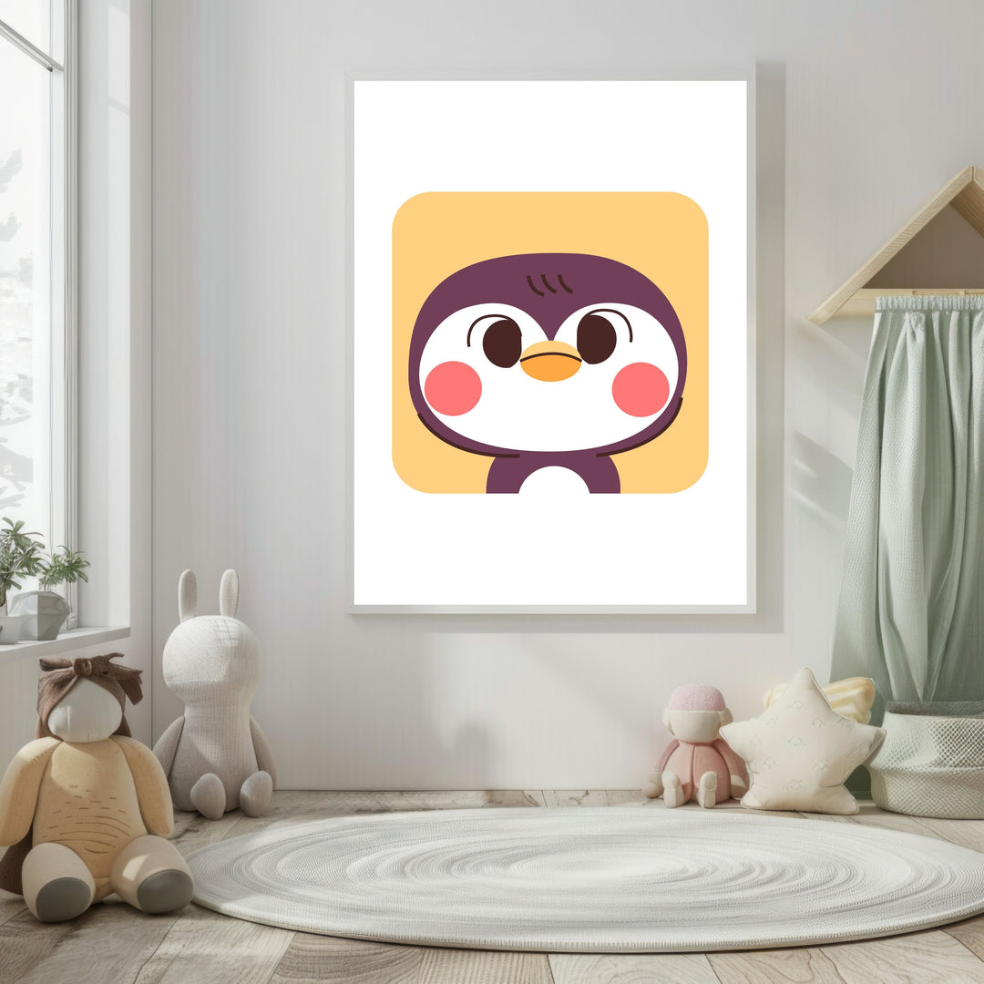 Wadi Home cute cartoon penguin nursery wall art with rosy cheeks on a yellow background.