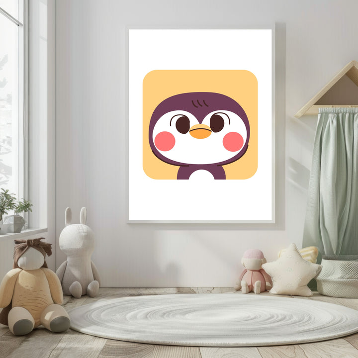 Wadi Home cute cartoon penguin nursery wall art with rosy cheeks on a yellow background.