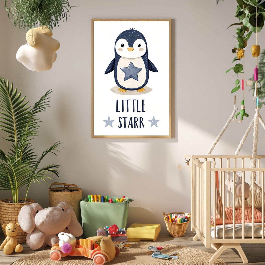 Wadi Home cute penguin with star nursery art print in blue and white, perfect for baby rooms.