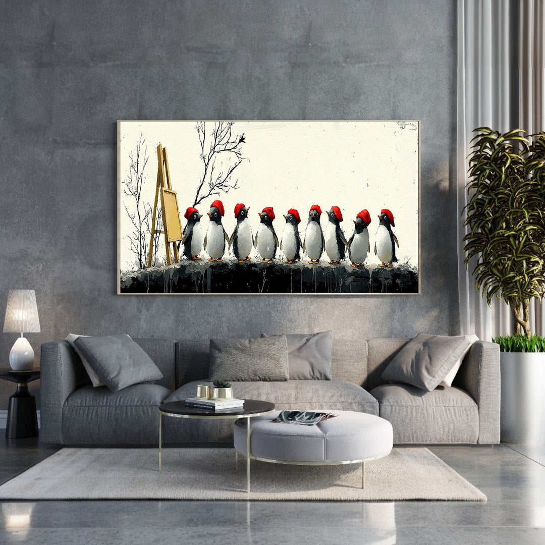 Wadi Home canvas print of penguins in Santa hats with an easel and bare trees.