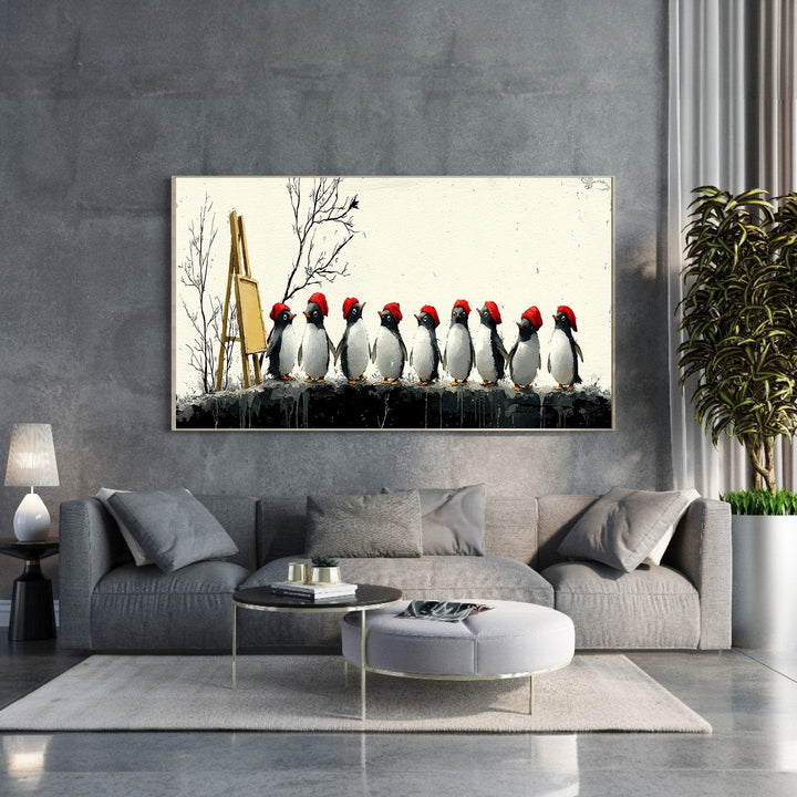 Wadi Home canvas print of penguins in Santa hats with an easel and bare trees.