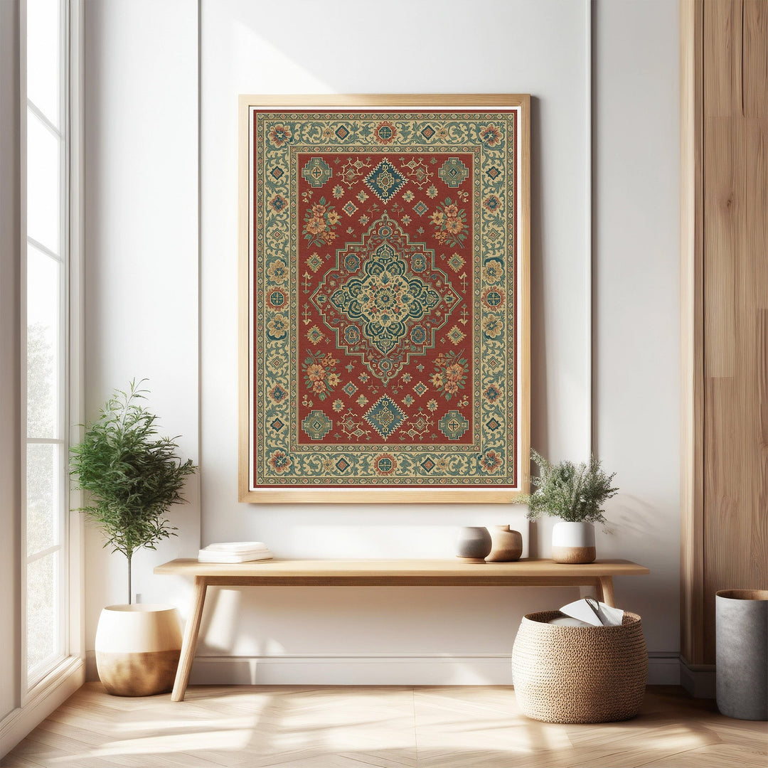 Wadi Home Traditional Persian Inspired Wall Tapestry in red, blue, and green with intricate floral and geometric motifs.