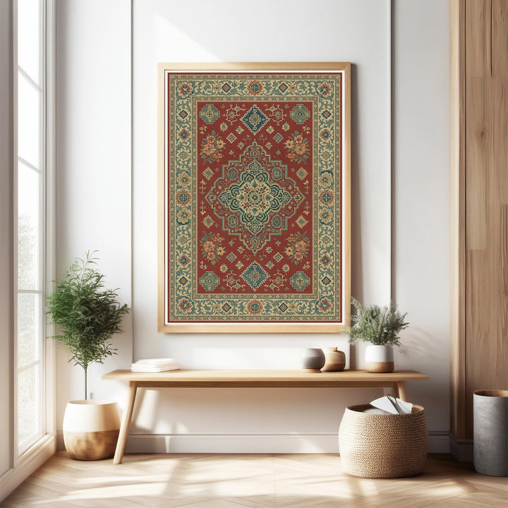 Wadi Home Traditional Persian Inspired Wall Tapestry in red, blue, and green with intricate floral and geometric motifs.