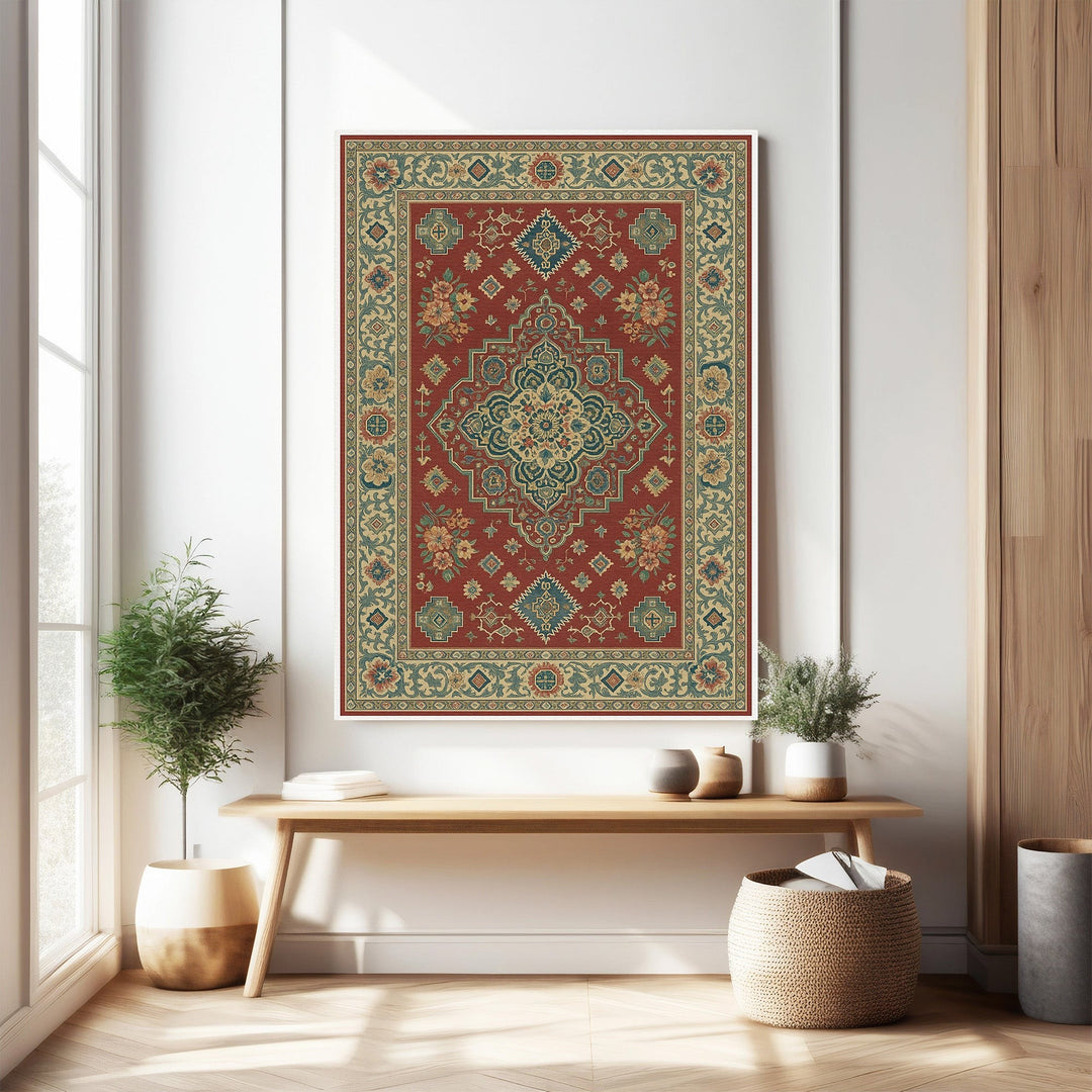 Wadi Home traditional Persian inspired wall tapestry in deep red with intricate blue, green, and gold floral motifs.