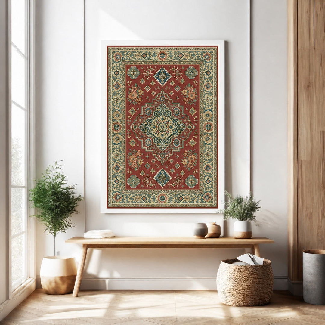 Wadi Home traditional Persian-inspired wall tapestry in deep red with intricate blue, green, and gold floral motifs.