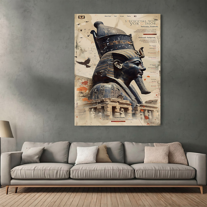 Wadi Home Ancient Egyptian Pharaoh wall art poster featuring a detailed profile portrait in earthy tones above a sofa.