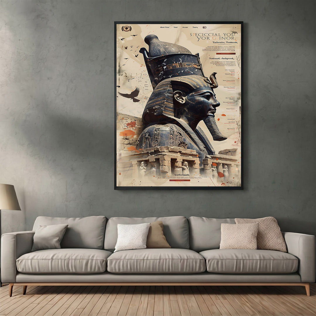 Wadi Home Ancient Egyptian Pharaoh wall art poster in a black frame hanging above a modern grey sofa in a living room.
