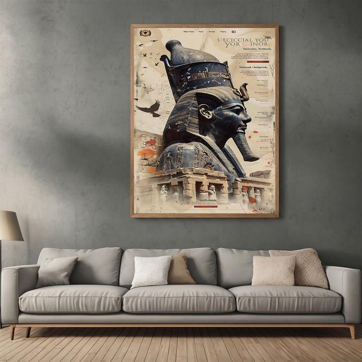 Wadi Home Ancient Egyptian Pharaoh wall art poster featuring a detailed profile in earthy tones above a modern sofa.