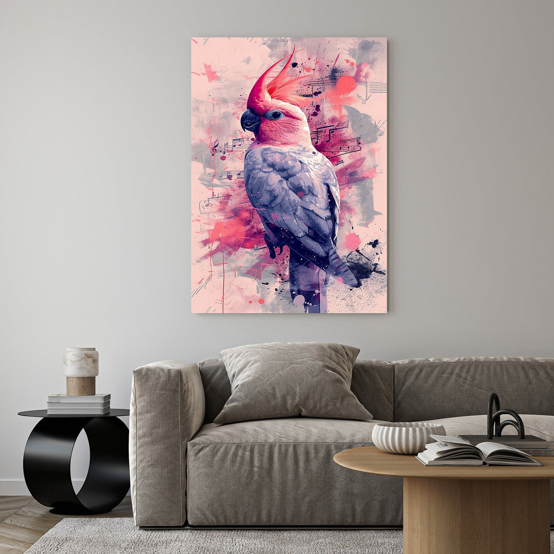 Wadi Home Pink Cockatoo watercolor art print with musical notes background. Features pink and gray tones.