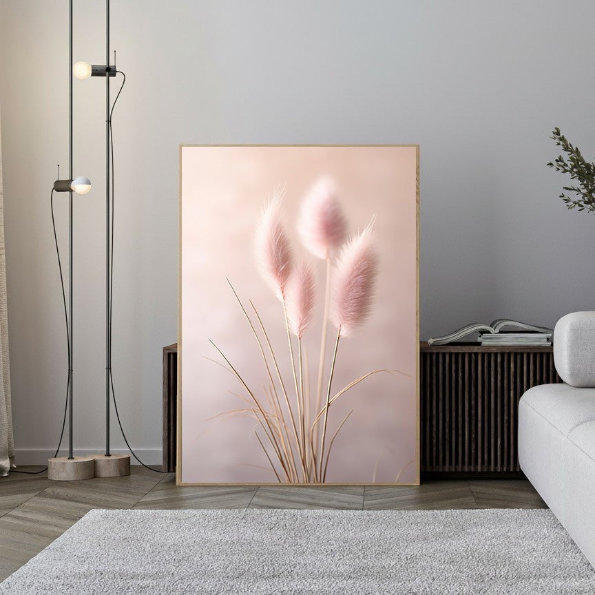 Wadi Home pink pampas grass wall art, featuring soft, fluffy plumes in a delicate hue, framed in light wood.