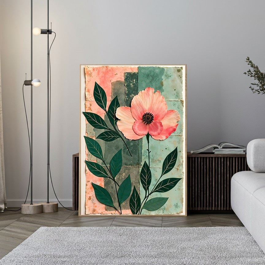 Wadi Home pink poppy art print with green leaves on abstract coral and teal textured background.