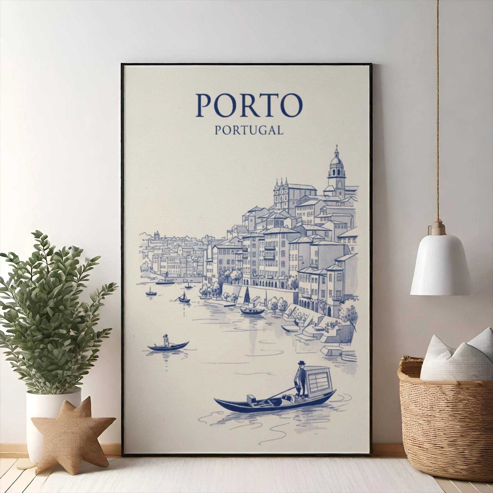 Wadi Home Porto Portugal blue and white cityscape sketch art print of Douro River and riverside architecture.