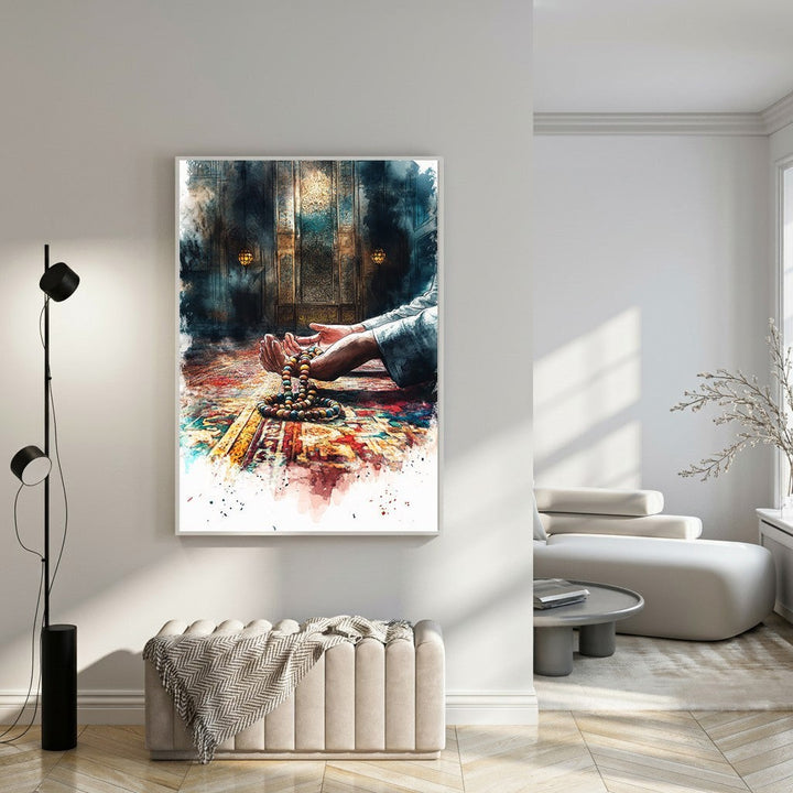 Wadi Home spiritual artwork of hands holding prayer beads, with vibrant colors and a watercolor effect.