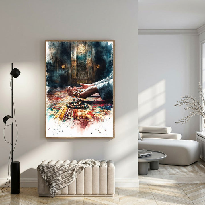 Wadi Home spiritual hands holding prayer beads artwork, watercolor style, framed print with rich colors and detailed background.