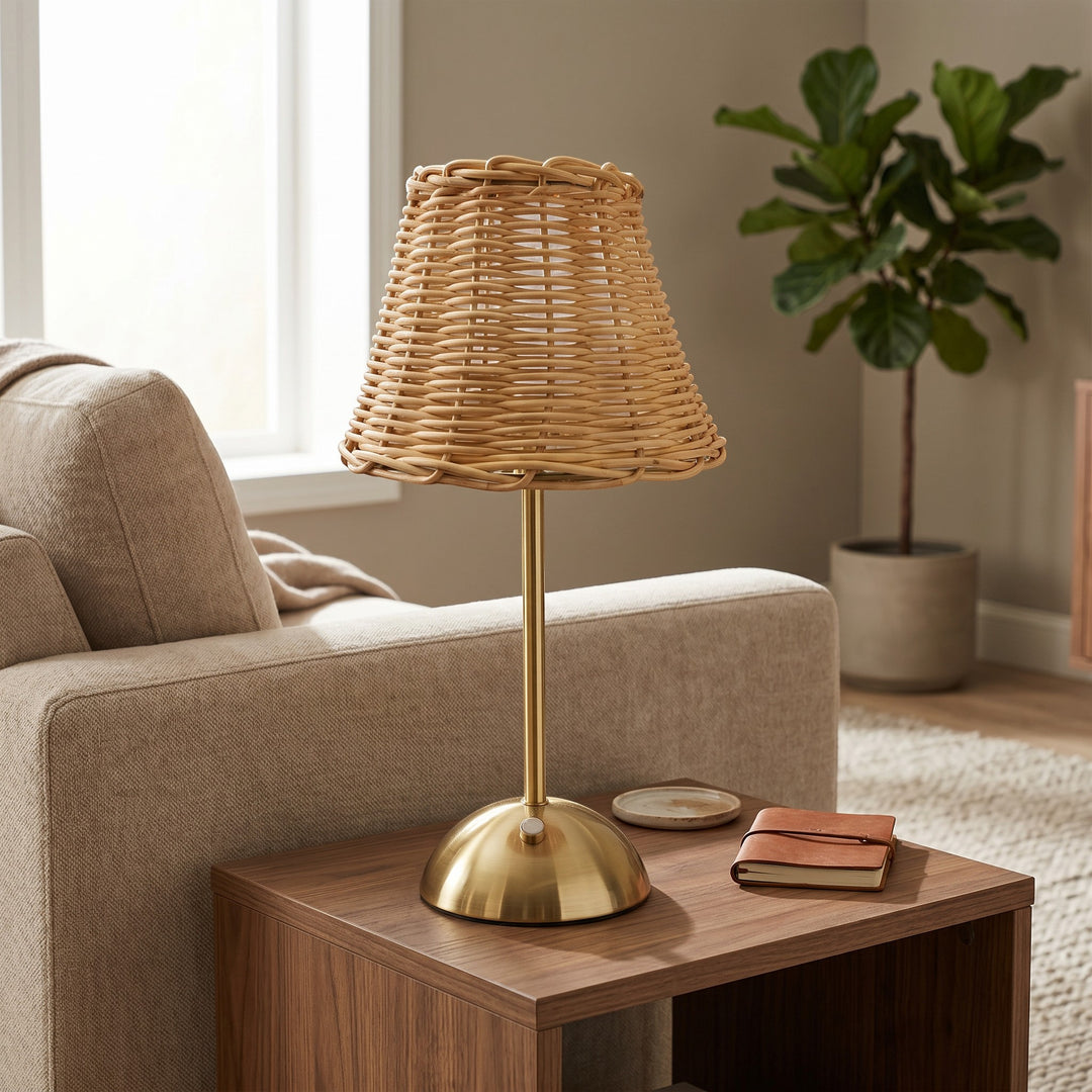 Wadi Home Woven Rattan Table Lamp with brushed brass metal base and stem, natural woven shade.