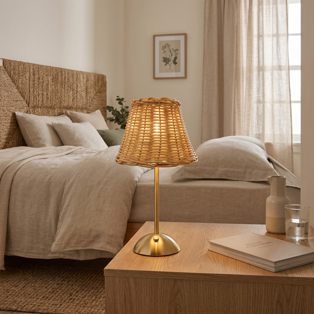 Wadi Home Woven Rattan Table Lamp with brushed brass metal base and stem, natural woven shade.