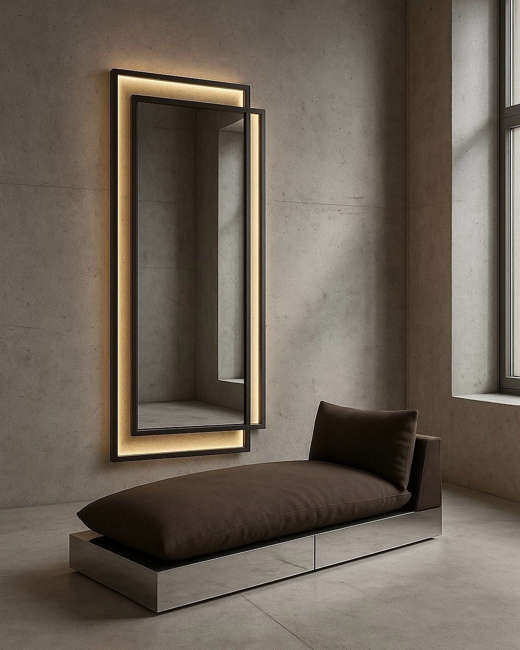 Wadi Home rectangular wall-mounted mirror with dark frame and integrated warm LED backlighting in a modern room.