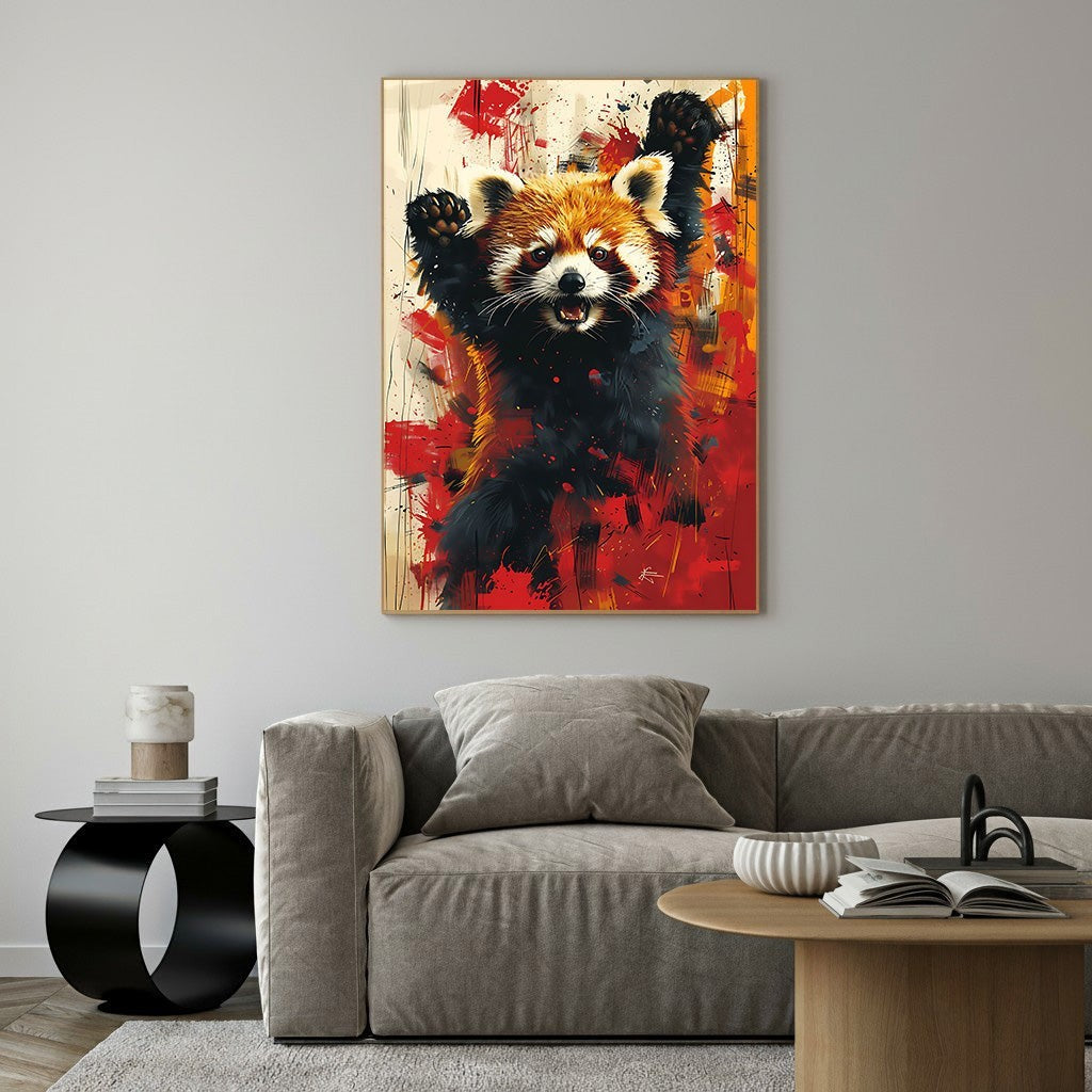 Wadi Home abstract expressionist wall art of a red panda with raised paws, featuring bold red and black brushstrokes.