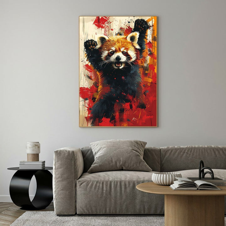 Wadi Home abstract expressionist wall art of a red panda with raised paws, featuring bold red and black brushstrokes.