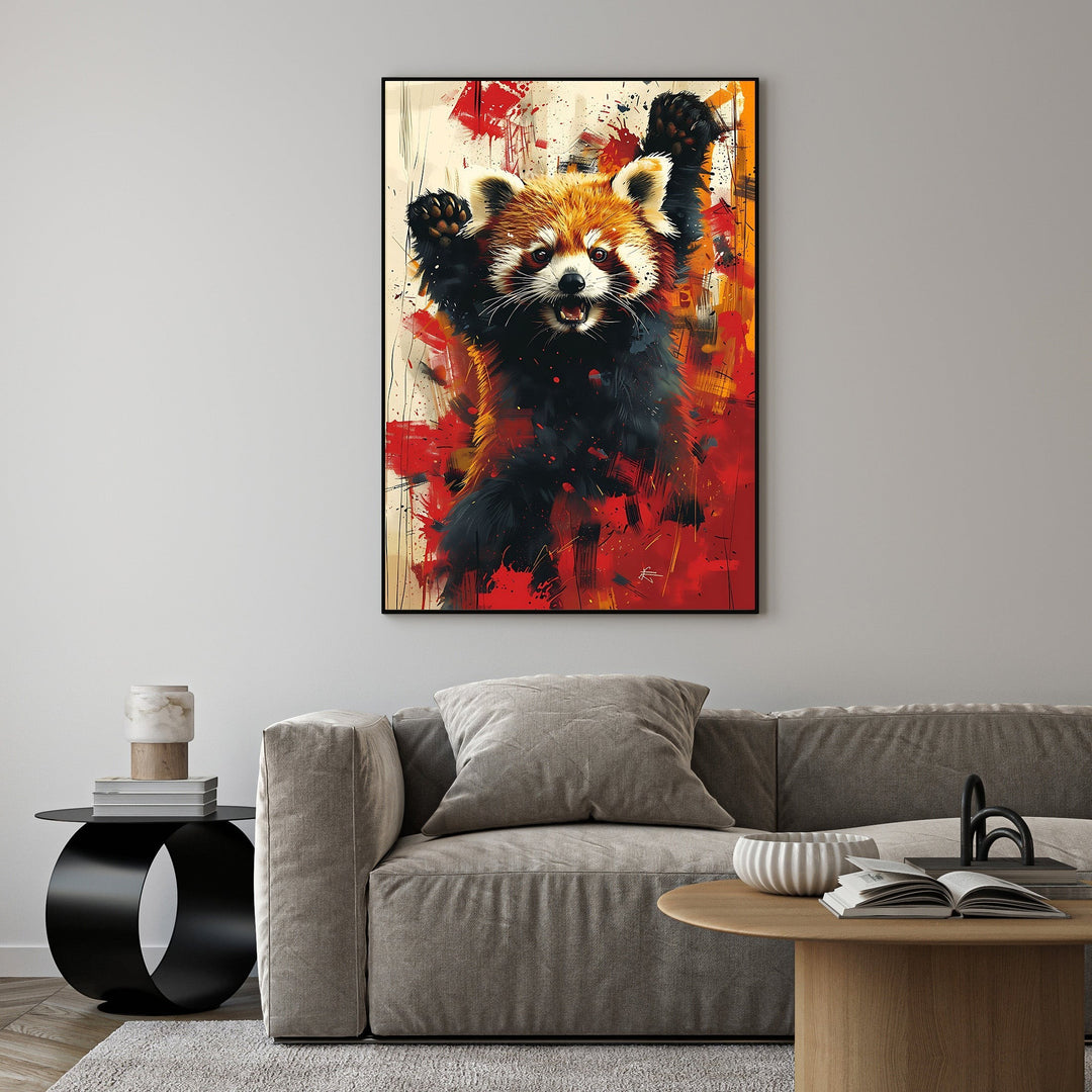 Wadi Home abstract expressionist wall art of a red panda with arms raised, featuring bold red and black brushstrokes.