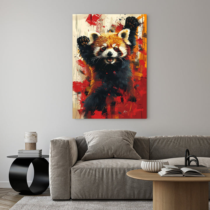 Wadi Home abstract expressionist wall art of a red panda with raised paws, featuring bold red and black brushstrokes.