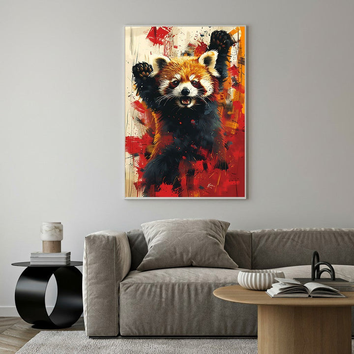 Wadi Home abstract expressionist wall art of a red panda with raised paws, featuring bold red and black brushstrokes.