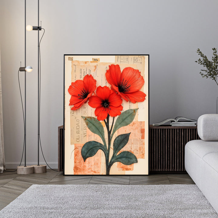 Wadi Home floral collage wall art featuring vibrant red poppies on vintage script and textured paper background.
