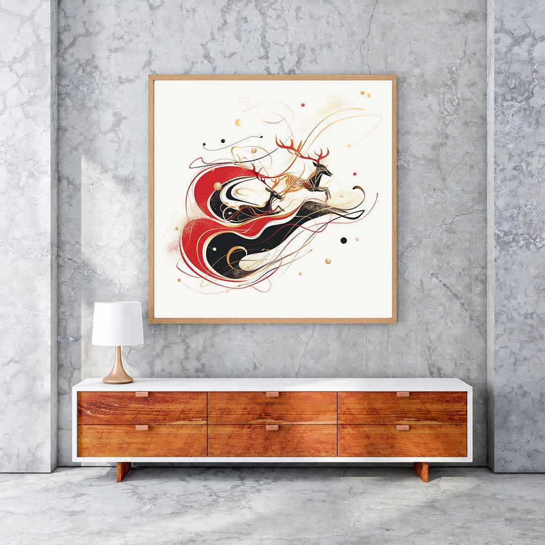 Wadi Home framed art print of leaping reindeer in abstract red, black, and gold swirls.