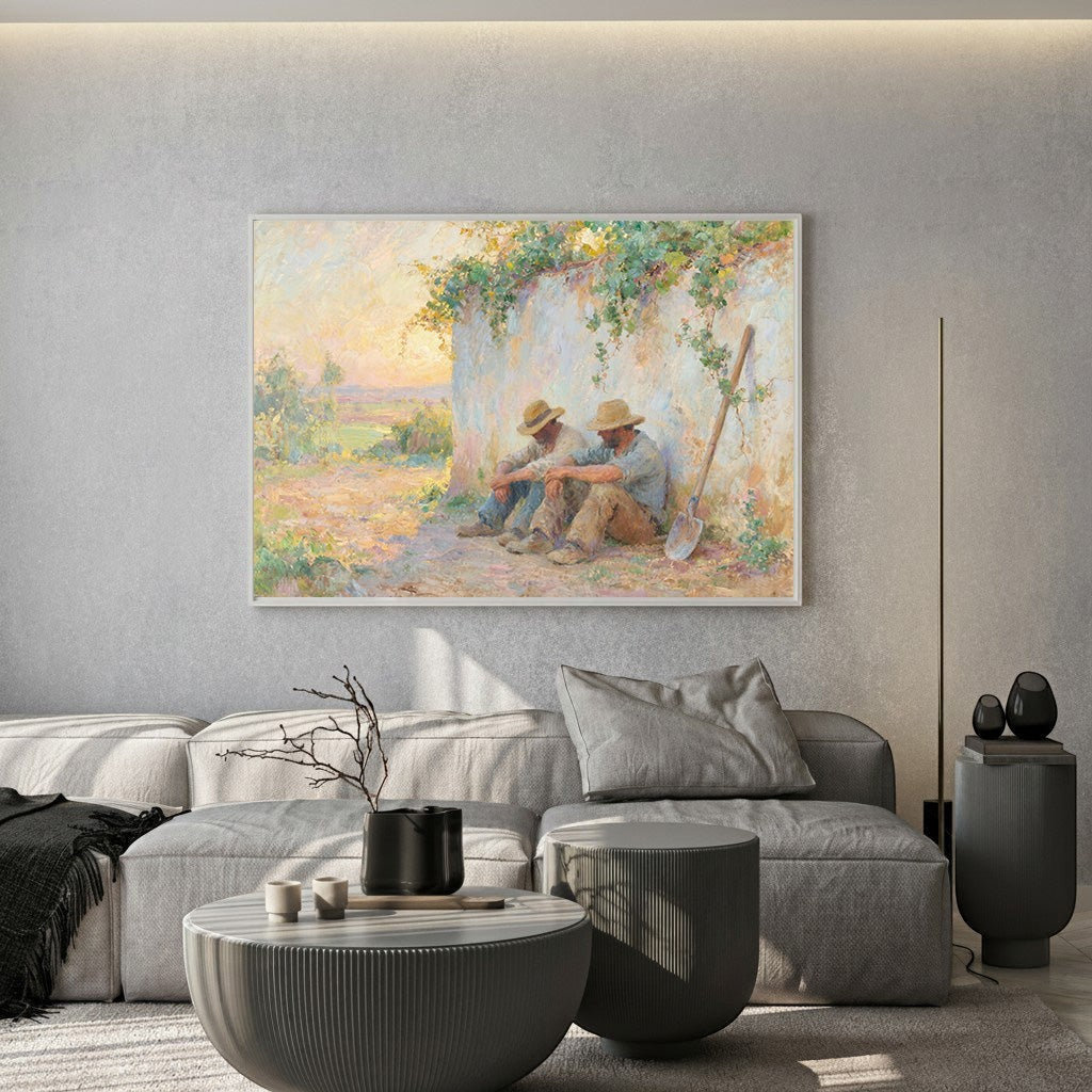 Wadi Home impressionist wall art print of resting farm workers in a sun-drenched pastoral setting above a grey sofa.