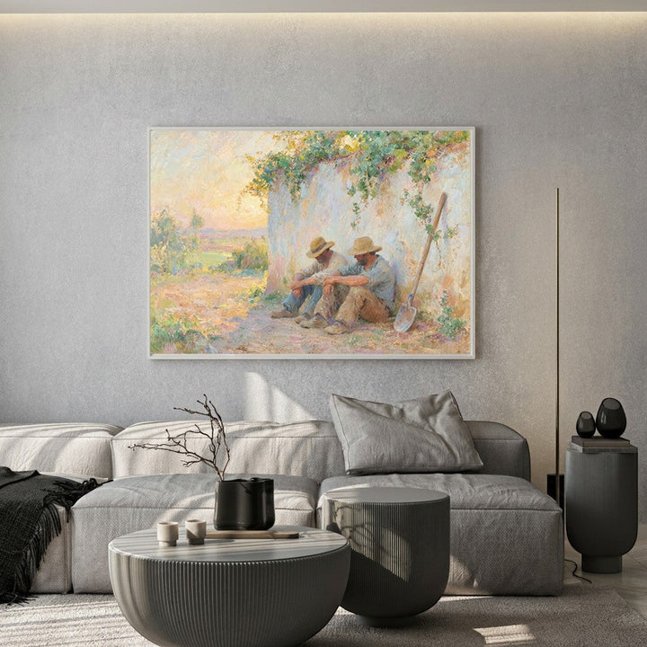 Wadi Home impressionist wall art print of resting farm workers in a sun-drenched pastoral setting above a grey sofa.