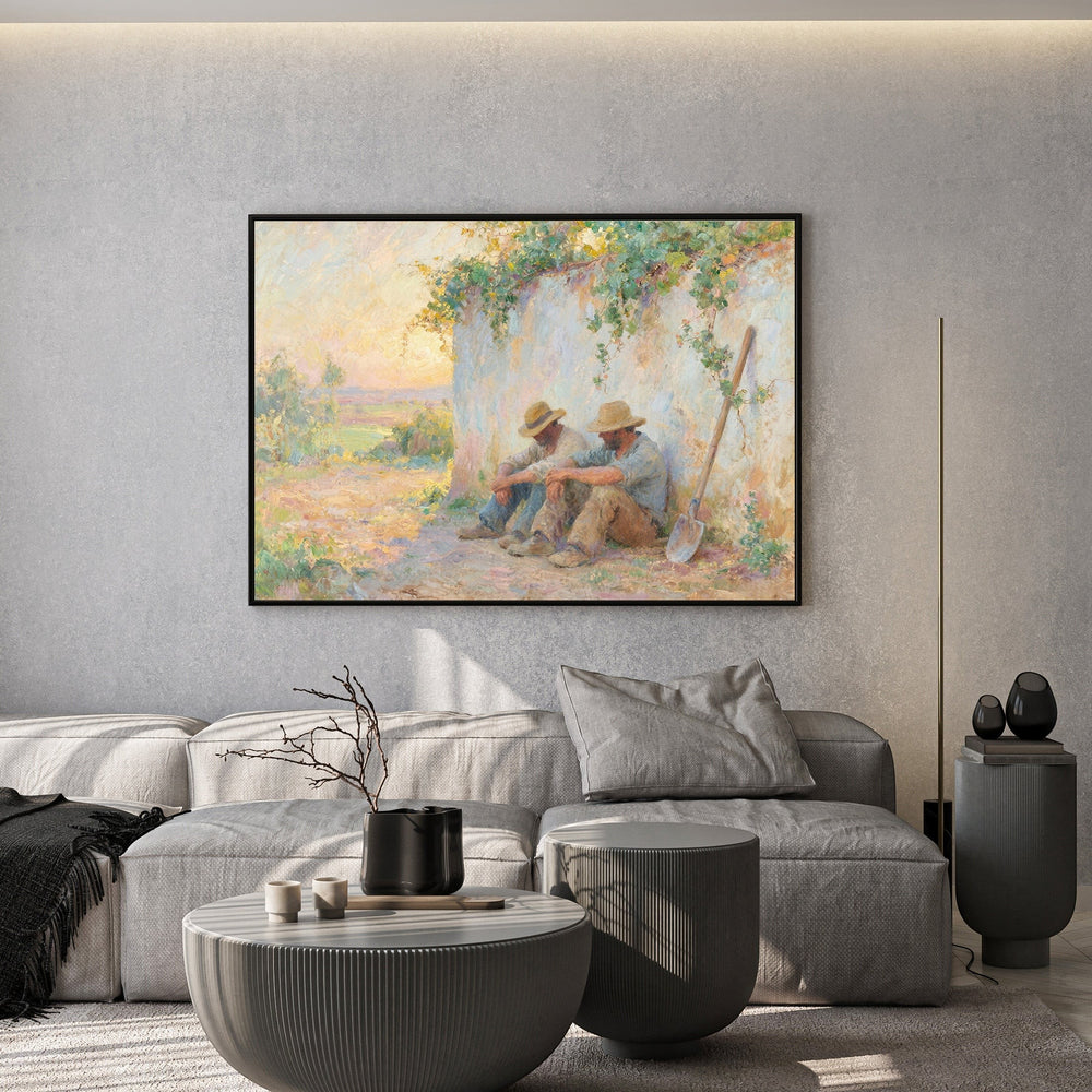 Wadi Home impressionist wall art print of resting farm workers in a sun-drenched pastoral landscape above a grey sofa.