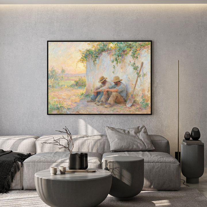 Wadi Home impressionist wall art print of resting farm workers in a sun-drenched pastoral landscape above a grey sofa.