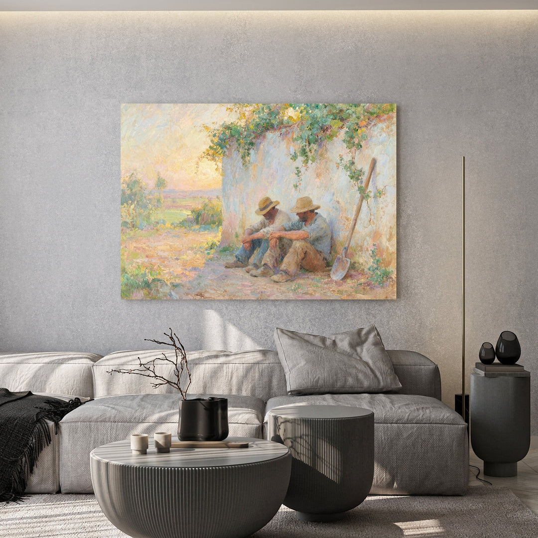 Wadi Home impressionist wall art print of resting farm workers in a sunlit pastoral setting above a modern gray sofa.