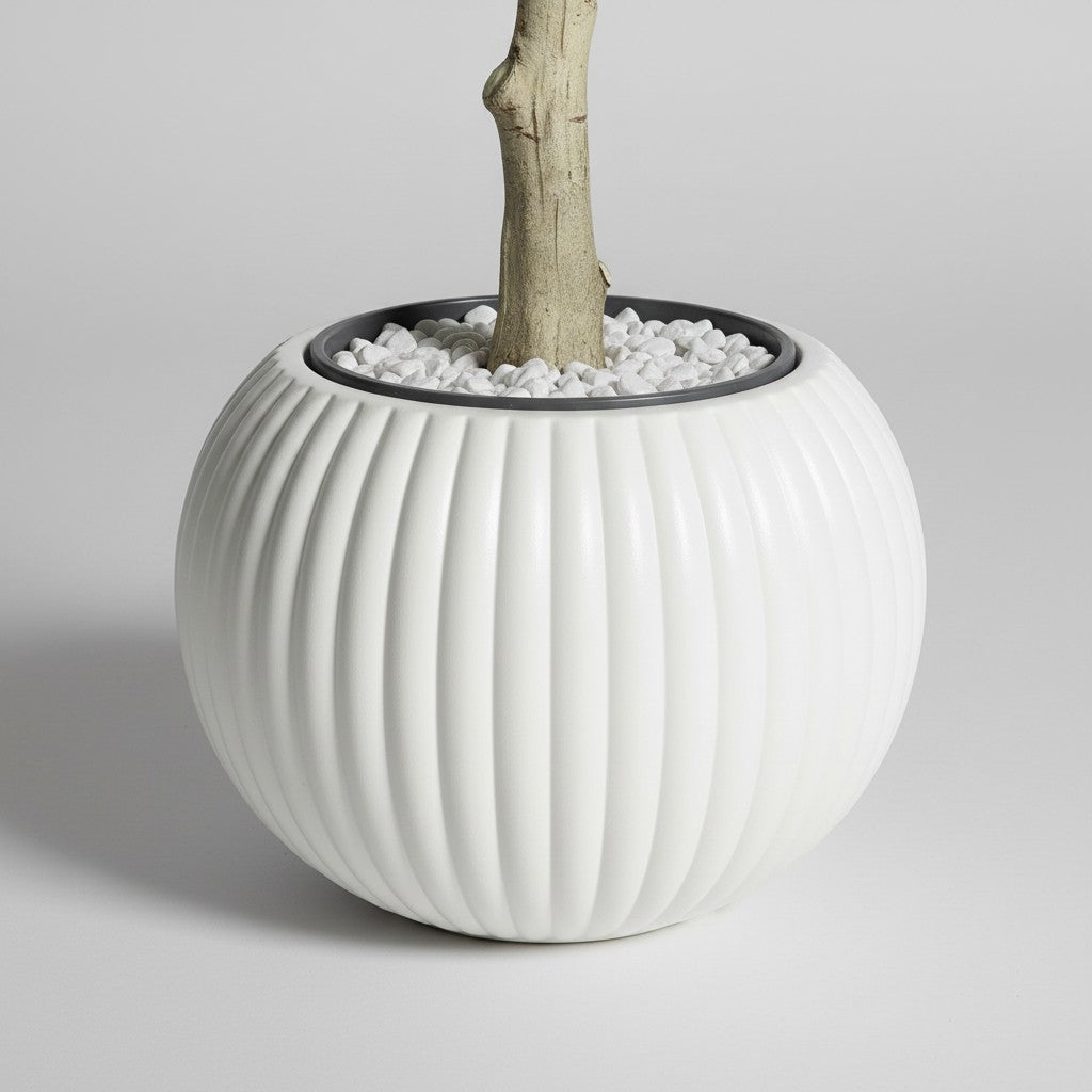 Wadi Home artificial fig tree base in a round ribbed white planter with decorative white pebbles