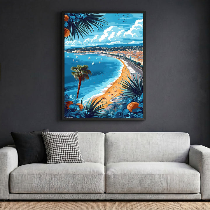 Wadi Home framed wall art featuring a vibrant Riviera beach landscape print with palm trees and a blue ocean view.
