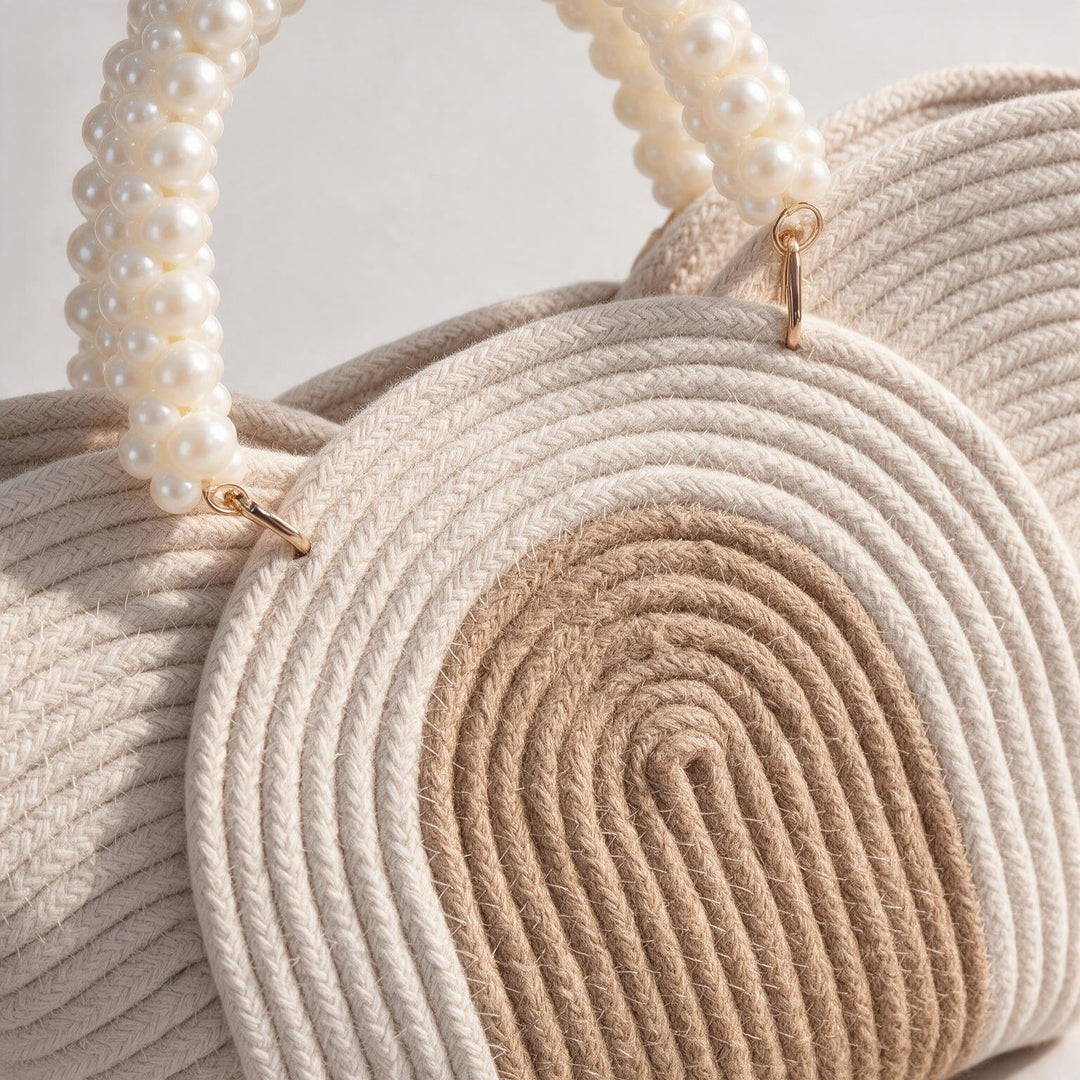 Wadi Home beige braided rope handbag featuring a chic pearl-beaded handle and two-tone woven design
