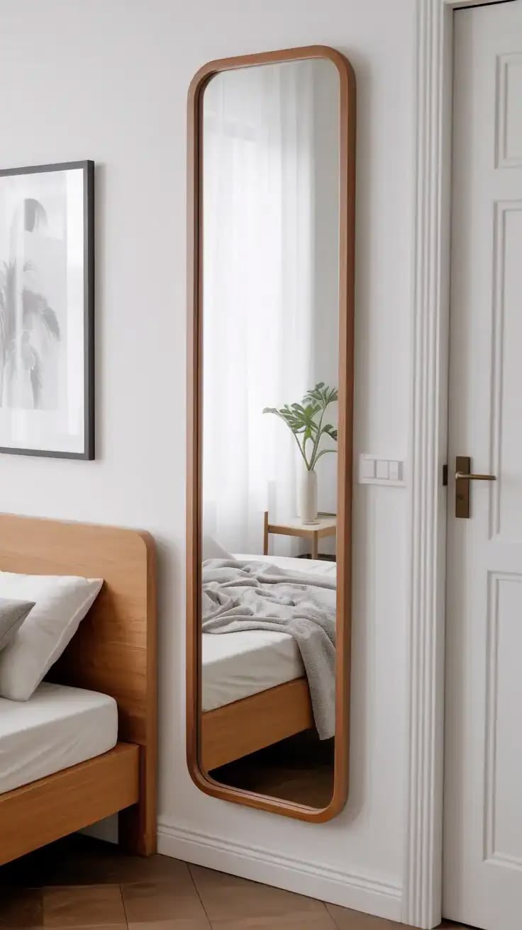 Wadi Home full-length wall mirror with a natural brown wooden frame and rounded corners in a minimalist bedroom.