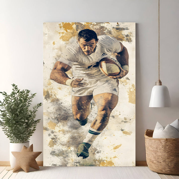 Wadi Home rugby player artwork, muscular athlete in white uniform running with ball, textured painterly style.