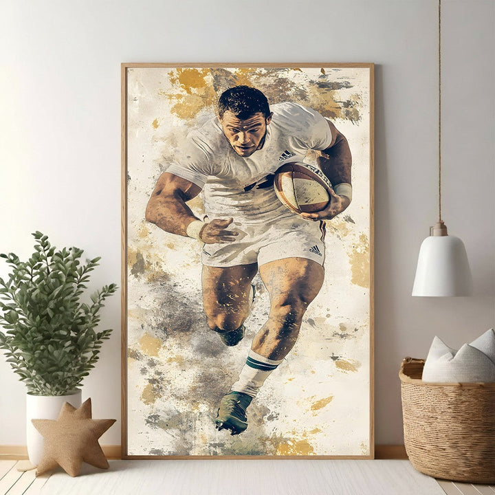 Wadi Home rugby player artwork, muscular athlete in white uniform running with ball, textured painterly style.