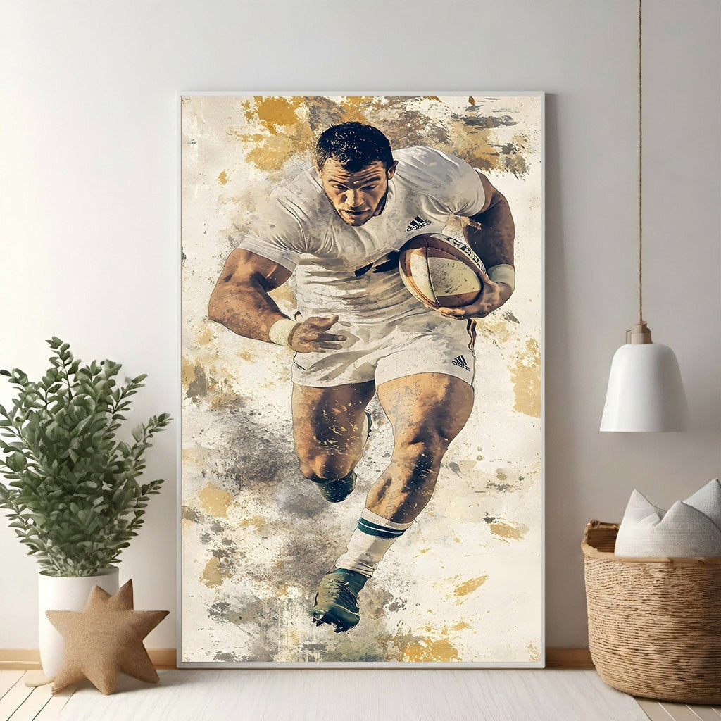 Wadi Home rugby player artwork, muscular athlete in white uniform running with ball, textured painterly style.