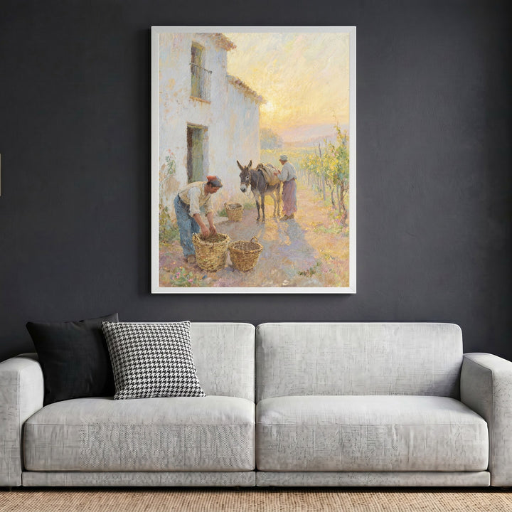 Wadi Home framed wall art print featuring an impressionistic sun-drenched rural farm scene hanging above a sofa.