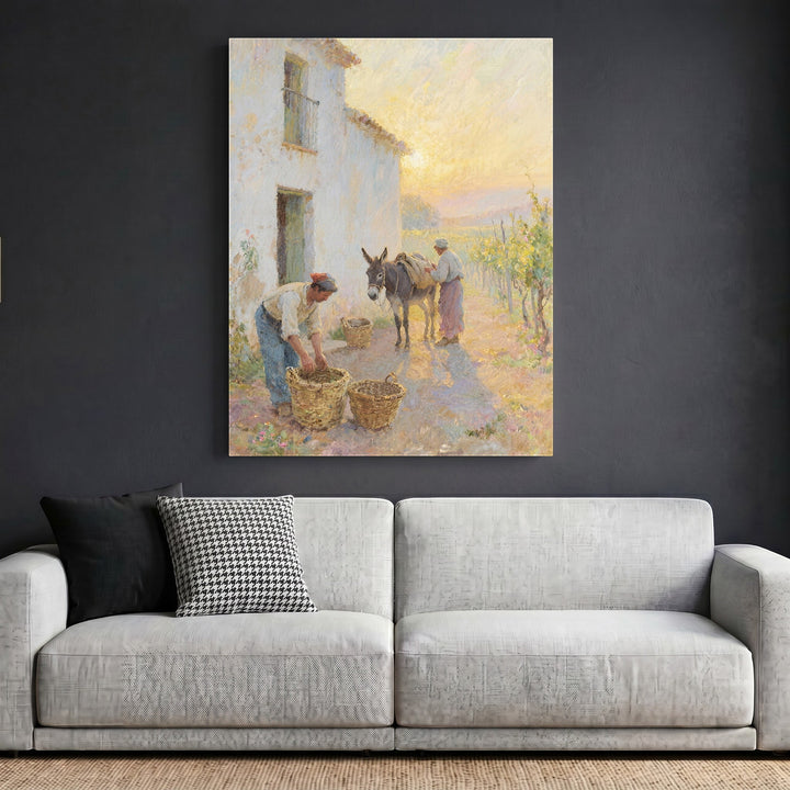 Wadi Home rustic farm life framed wall art print featuring an impressionistic sun-drenched rural scene above a sofa.