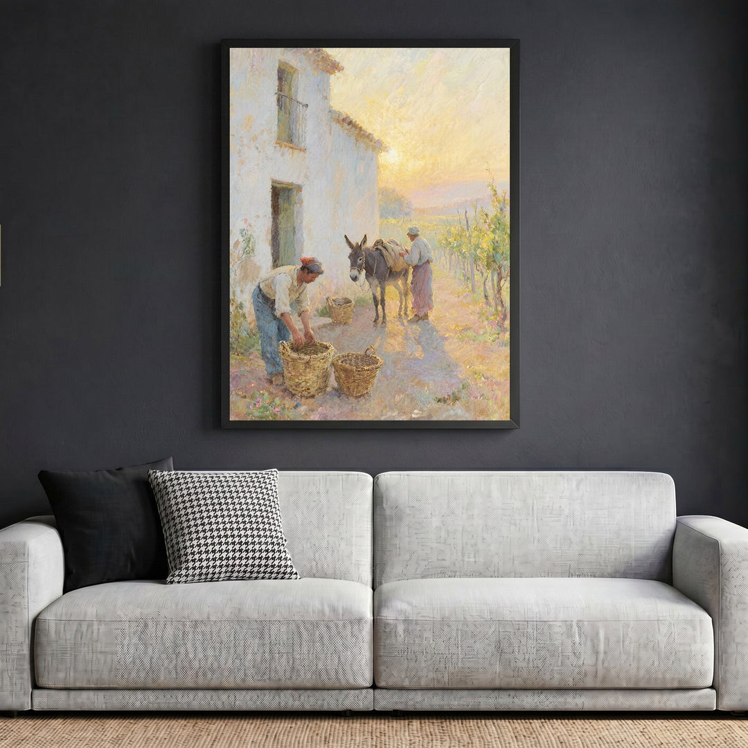 Wadi Home rustic farm life framed wall art print featuring an impressionistic rural scene with warm sunset tones.