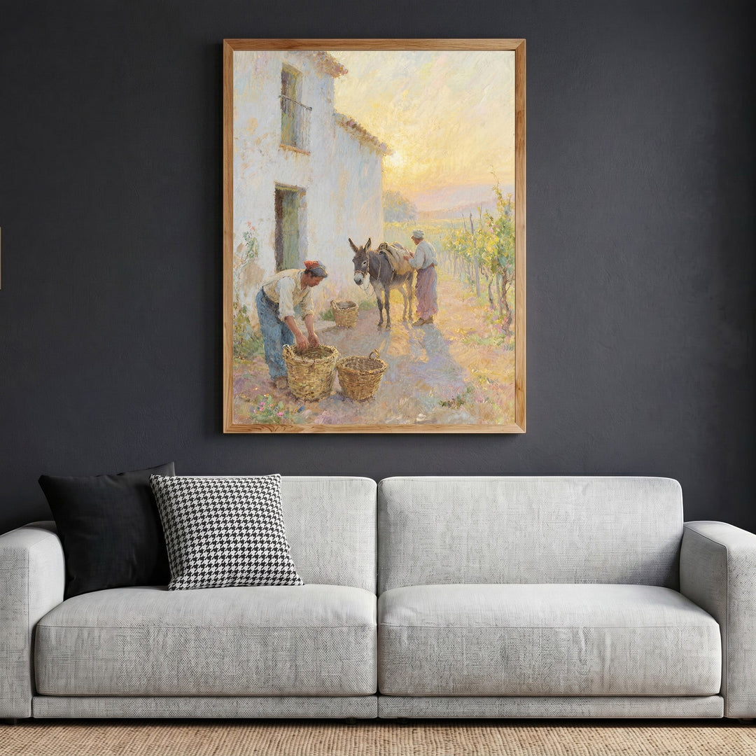 Wadi Home framed impressionist wall art print of a sun-drenched rural farm scene hanging above a modern grey sofa.