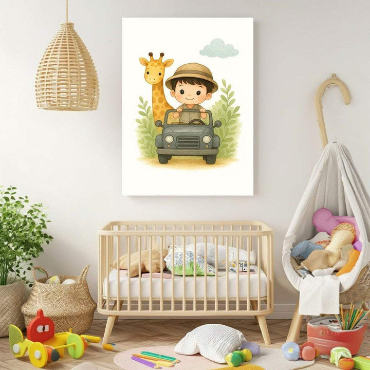 Wadi Home Safari Adventure nursery art featuring a boy in a safari hat driving a jeep with a giraffe. Watercolor style.